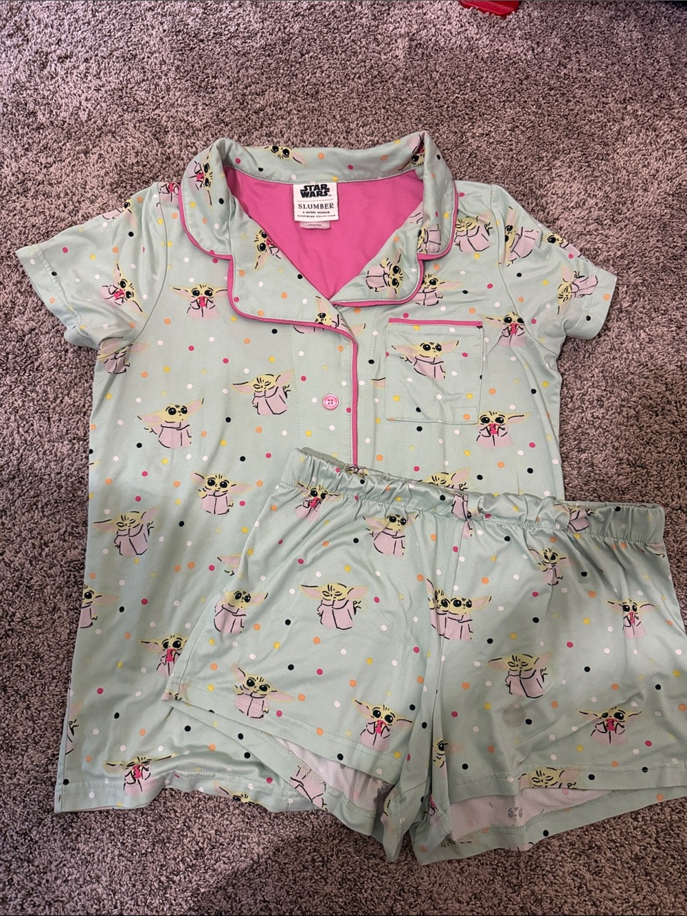 munki munki Mint Baby Yoda Short Pajama Set with Pink Trim